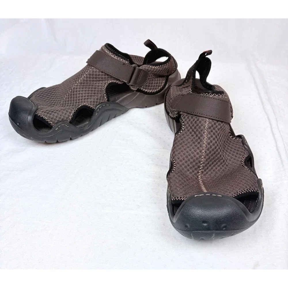 Crocs Swiftwater Mesh Deck Fisherman Sandals Men 12 Brown Water Shoes 15041 EUC